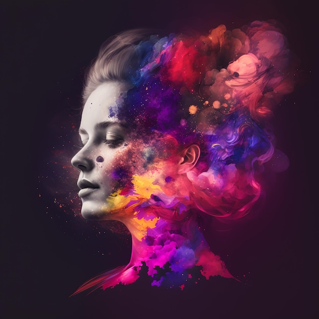 二重露光とカラフルなデジタル ペイント スプラッシュを持つ美しい女性の抽象的な肖像画