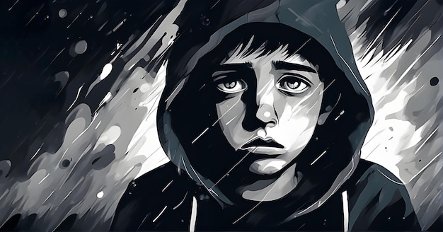 Abstract portrait of a boy with sad face in a dark atmosphere for anxiety and depression concept