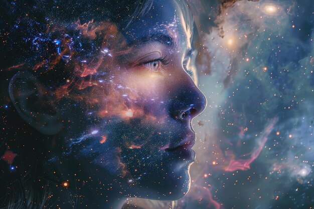 Abstract portrait of dreamer woman with galaxy inside head