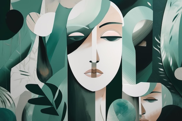 Abstract portrait of faceless woman art illustration in green palette Femininity mental female health concept Generative AI