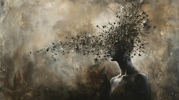 Abstract portrait of a person with a head exploding into birds on a textured background