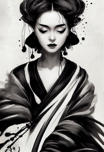 Абстрактный портрет красивой гейши в кимоно Модная милая женщина Творческая красивая девушка