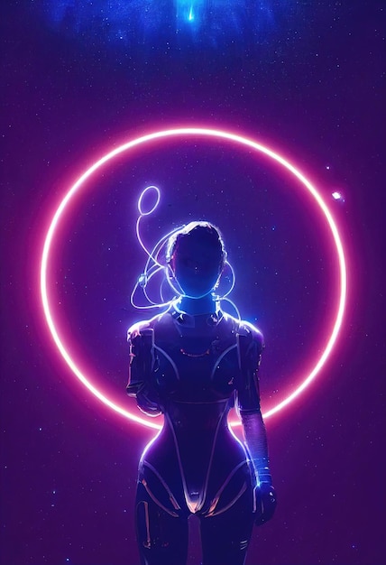 Abstract portrait of a scifi neon cyberpunk girl in a cyber suit. Hightech futuristic man.