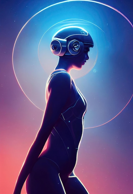 Abstract portrait of a scifi neon cyberpunk girl in a cyber suit. Hightech futuristic man.