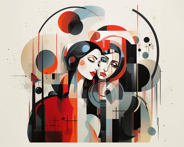 Abstract portrait of two young girls with black and white and color elements collage in the style of modern suprematism cubism Generated with AI