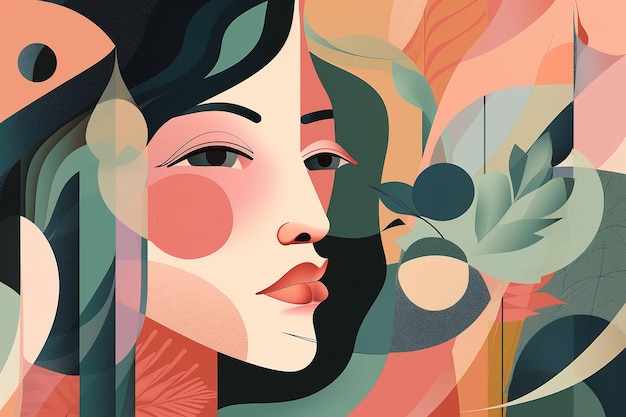 Abstract portrait of woman with big lips and eyes art illustration Femininity mental female health self acceptance concept Generative AI