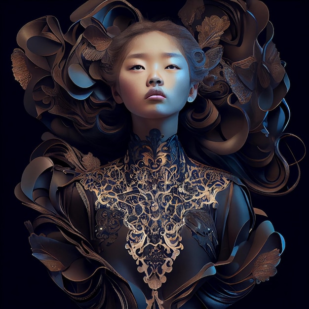 Abstract portrait of woman with dark ornaments 3d render