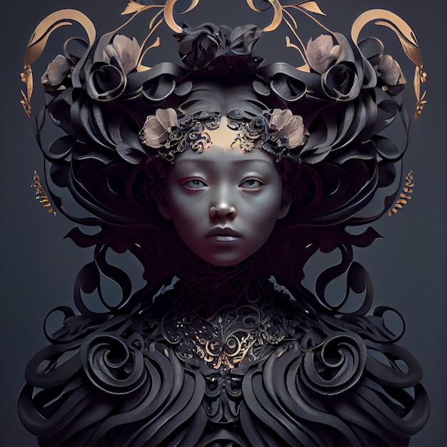 Abstract portrait of woman with dark ornaments 3d render