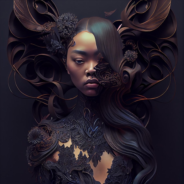 Abstract portrait of woman with dark ornaments 3d render