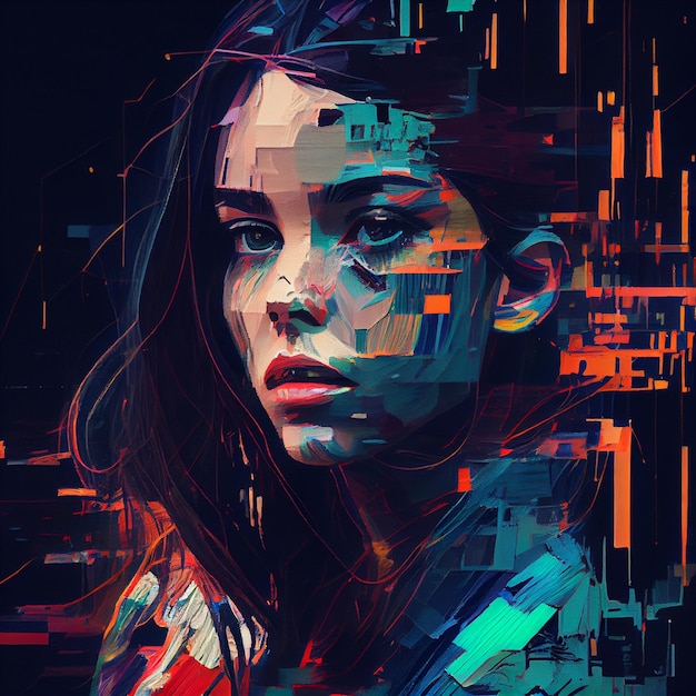 Foto ritratto astratto di donna con illustrazione effetto glitch ia generativa