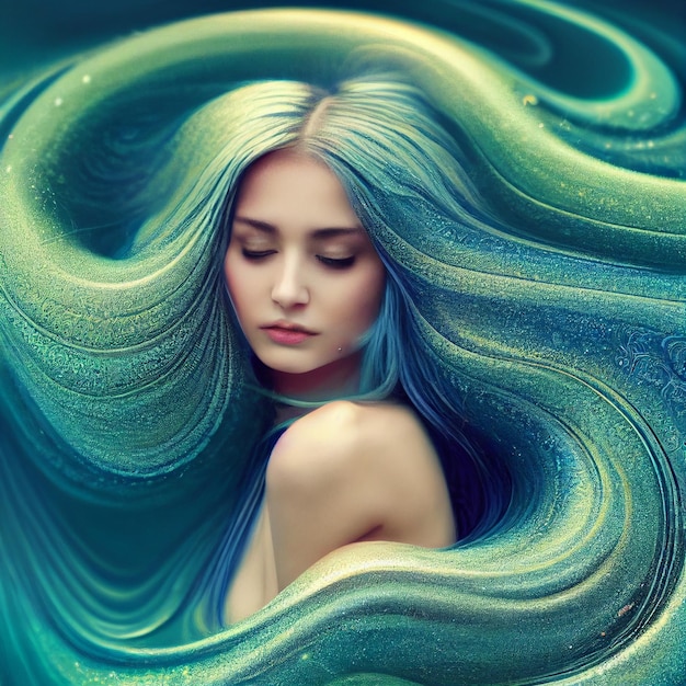 Abstract portrait of woman with long hair 3d rendering