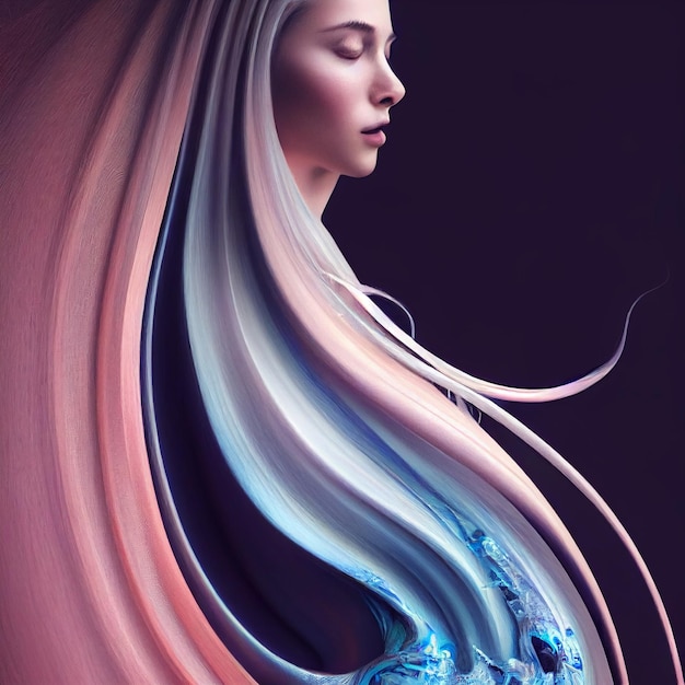 Abstract portrait of woman with long hair 3d rendering