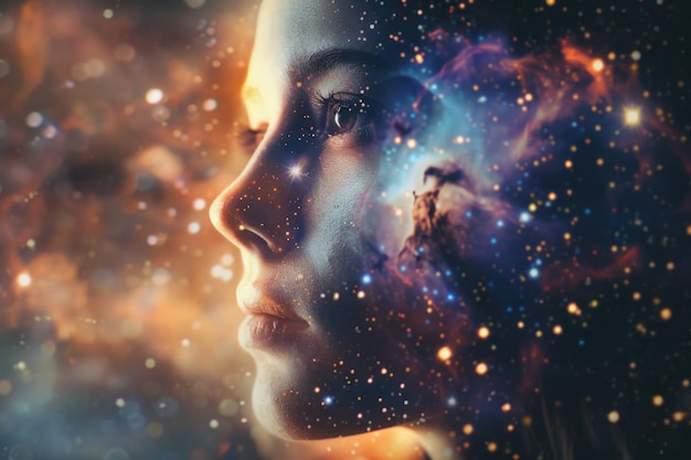 Abstract portrait of young woman with galaxy inside head