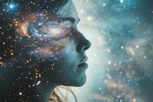 Abstract portrait of young woman with galaxy inside head