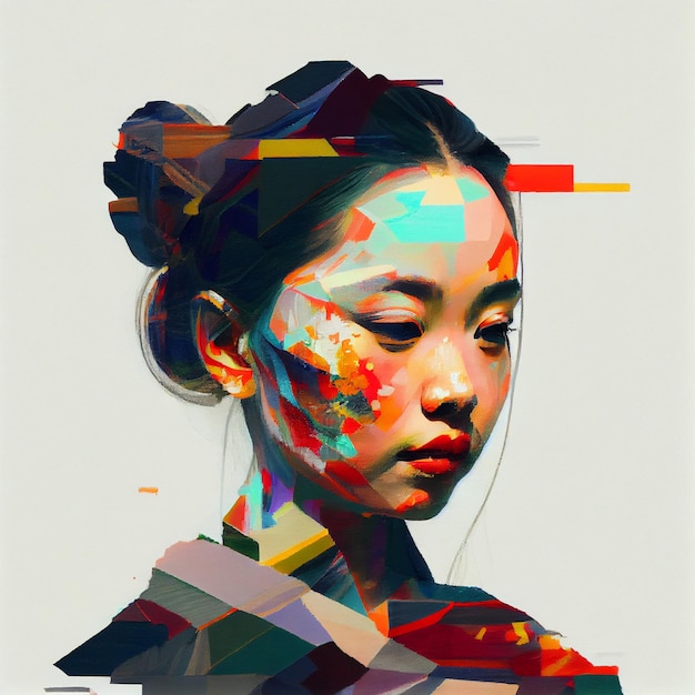 Abstract portret van Aziatische vrouw met glitch effect illustratie Generatieve AI