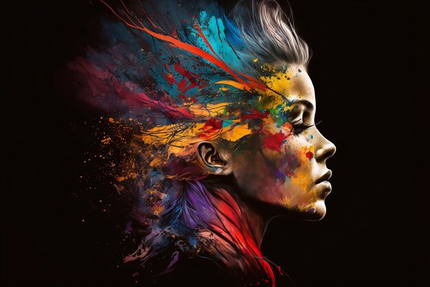 Abstract portret van een vrouw met kleurrijke verf in haar haar