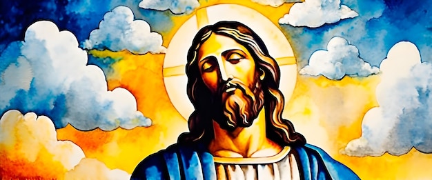 Abstract portret van Jezus Christus met goddelijke halo in waterverf schilderij stijl