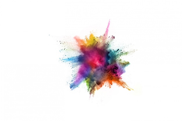 Abstract powder splatted background. Colorful powder explosion on white background. 