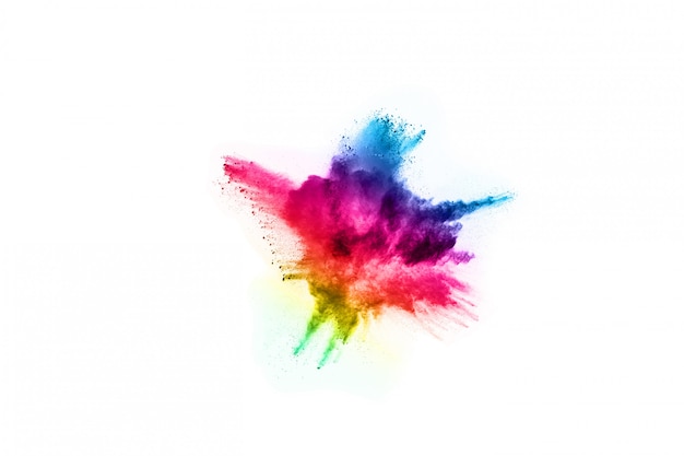 Abstract powder splatted background. Colorful powder explosion on white background. 