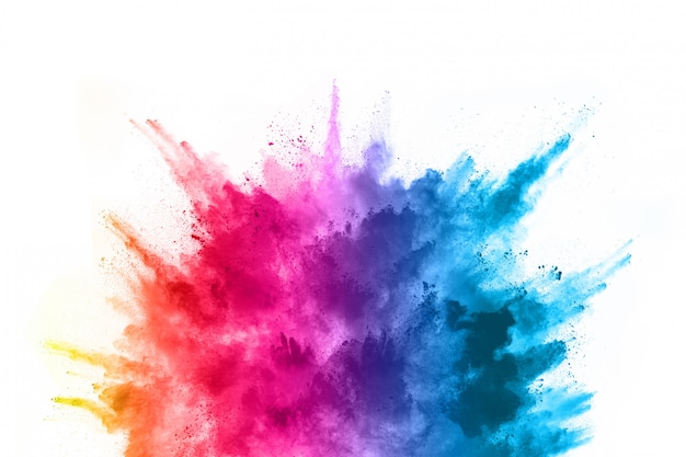 Abstract powder splatted background. Colorful powder explosion on white background. 