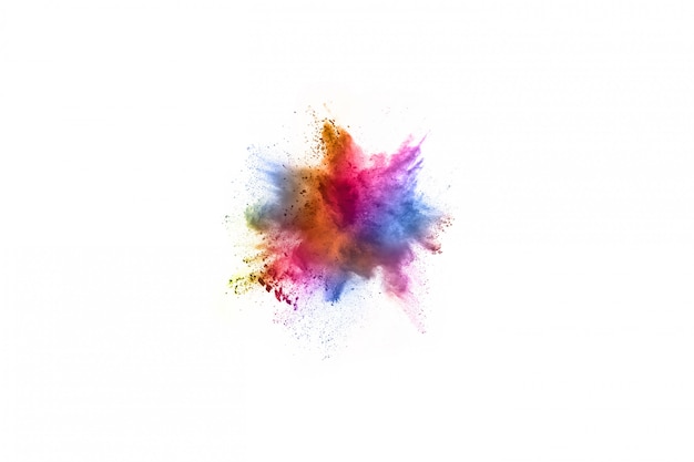 Abstract powder splatted background. Colorful powder explosion on white background.  
