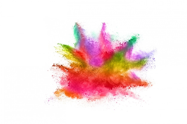 Abstract powder splatted background. Colorful powder explosion on white background.    