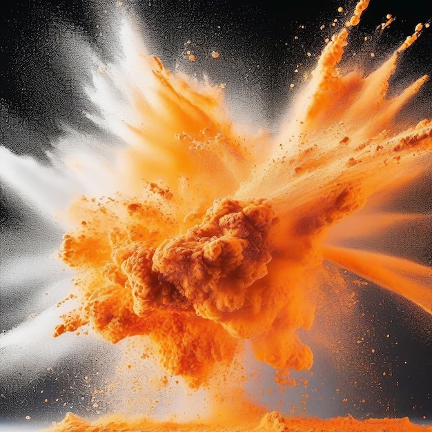 Photo abstract powder splatted background freeze motion of orange powder exploding throwing orange dust