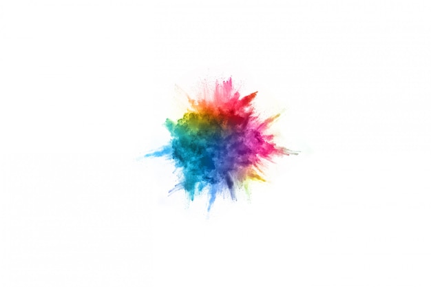 Foto sfondo astratto di polvere splatter. esplosione di polvere colorata su sfondo bianco.
