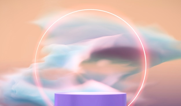 Abstract product podium with pastel cloud and light ring 3d render