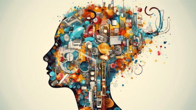 Abstract profile of a human head and consciousness with physical and chemical structures in the head