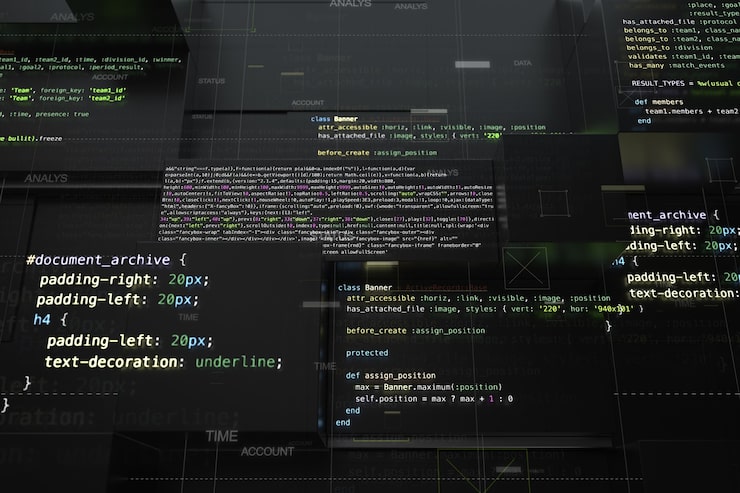 Photo 抽象的編程背景,有代碼行和隨機出方形的3d染. 出反射表面,有軟件開發代碼的部分.
