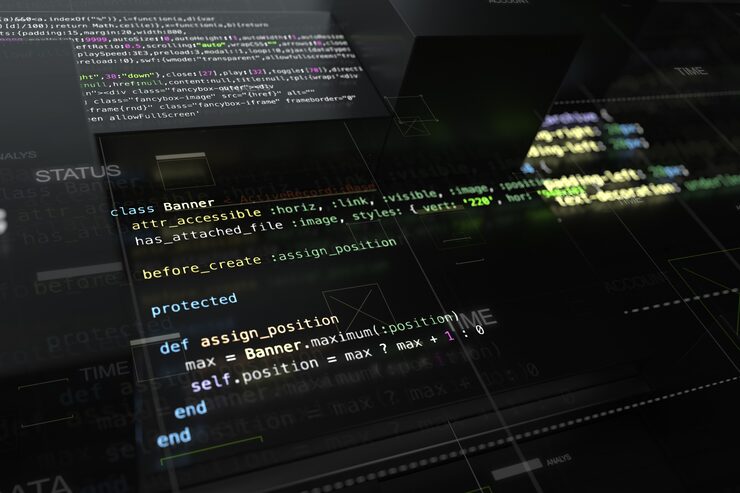 Photo abstract programming background with code lines and 3d rendering of random extruded square shapes. extruded reflective surface with pieces of software developing code.