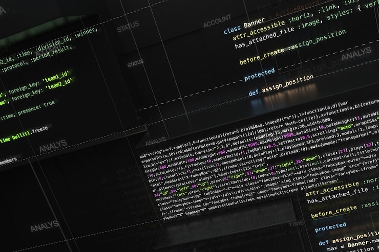 Photo abstract programming background with code lines and 3d rendering of random extruded square shapes. extruded reflective surface with pieces of software developing code.