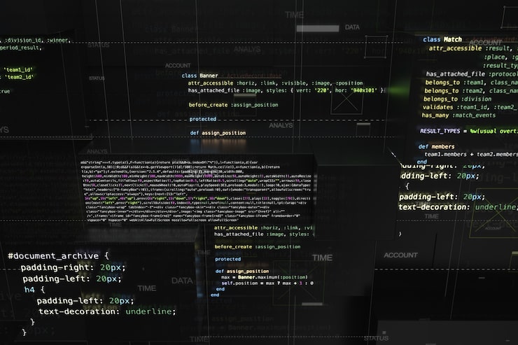 Photo abstract programming background with code lines and 3d rendering of random extruded square shapes. extruded reflective surface with pieces of software developing code.
