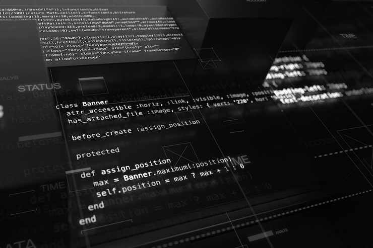 Photo abstract programming background with code lines and 3d rendering of random extruded square shapes. extruded reflective surface with pieces of software developing code.