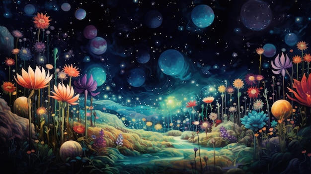 Абстрактный психоделический космический сказочный мир с цветами бохо для сияющего путешествия