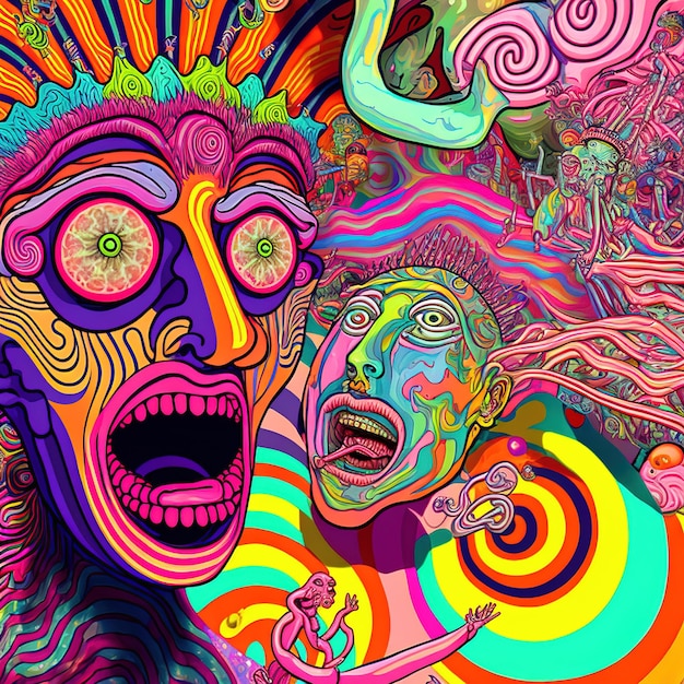 Photo abstract psychedelic neon cartoon of dream world background graffiti art generative ai