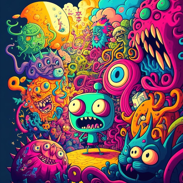 abstract psychedelic neon cartoon of dream world background graffiti art generative AI