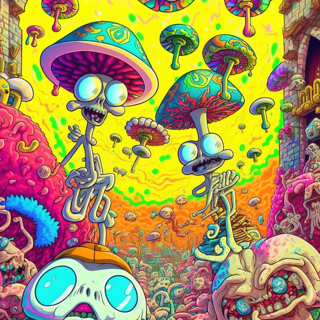 Abstract psychedelic neon cartoon of dream world background graffiti art generative ai