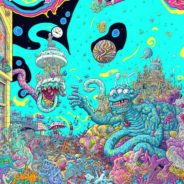 abstract psychedelic neon cartoon of dream world background graffiti art generative AI