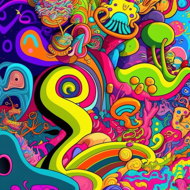 abstract psychedelic neon cartoon of dream world background graffiti art generative AI