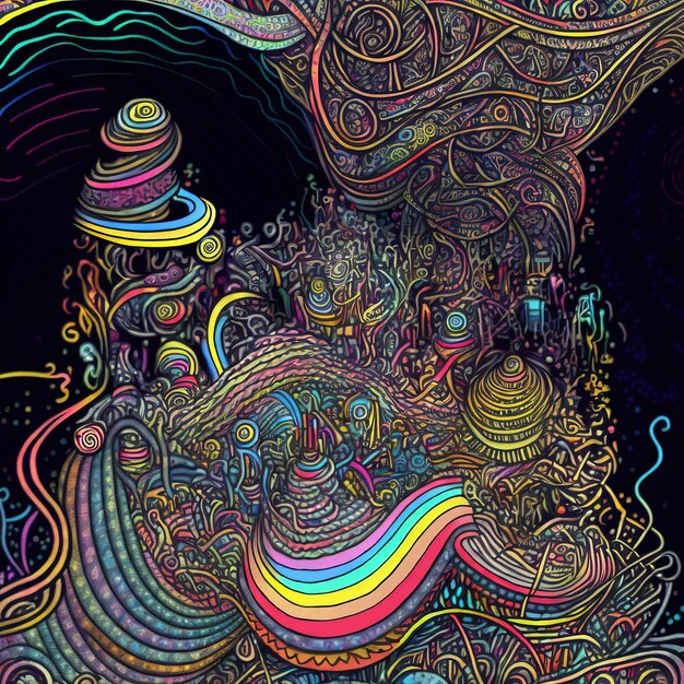 Photo abstract psychedelic neon cartoon of dream world background graffiti art generative ai