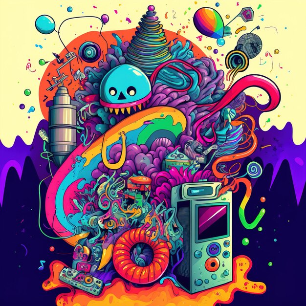 abstract psychedelic neon cartoon of dream world background graffiti art generative AI