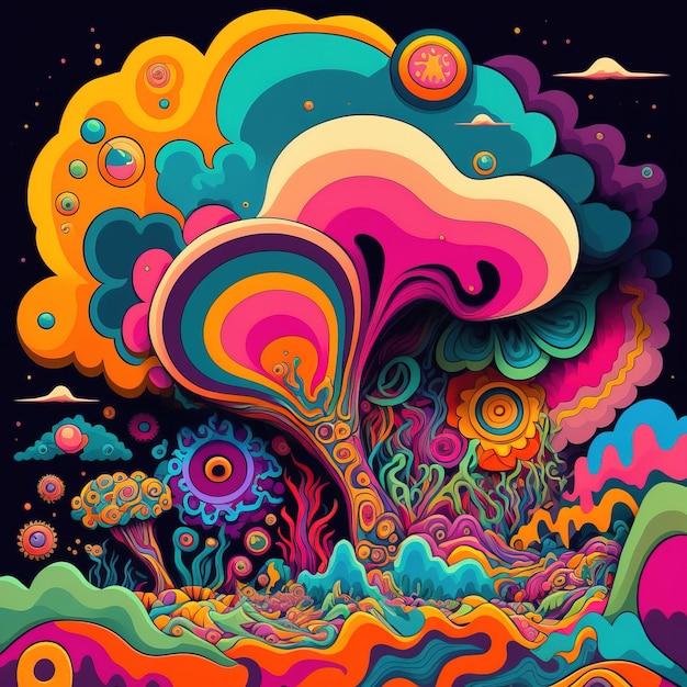 abstract psychedelic neon cartoon of dream world background graffiti art generative AI