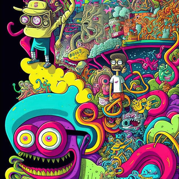 abstract psychedelic neon cartoon of dream world background graffiti art generative AI