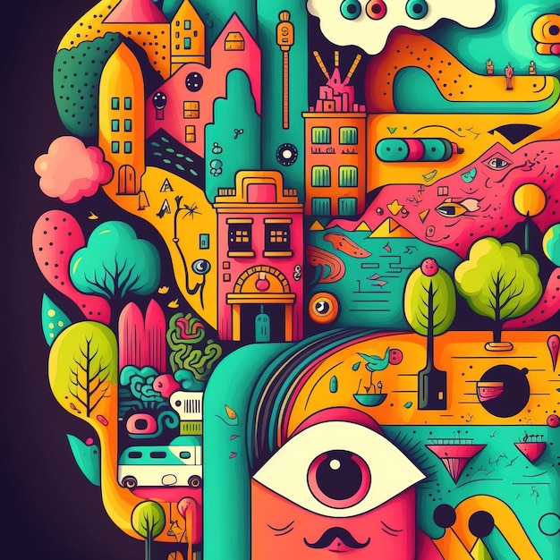 abstract psychedelic neon cartoon of dream world background graffiti art generative AI