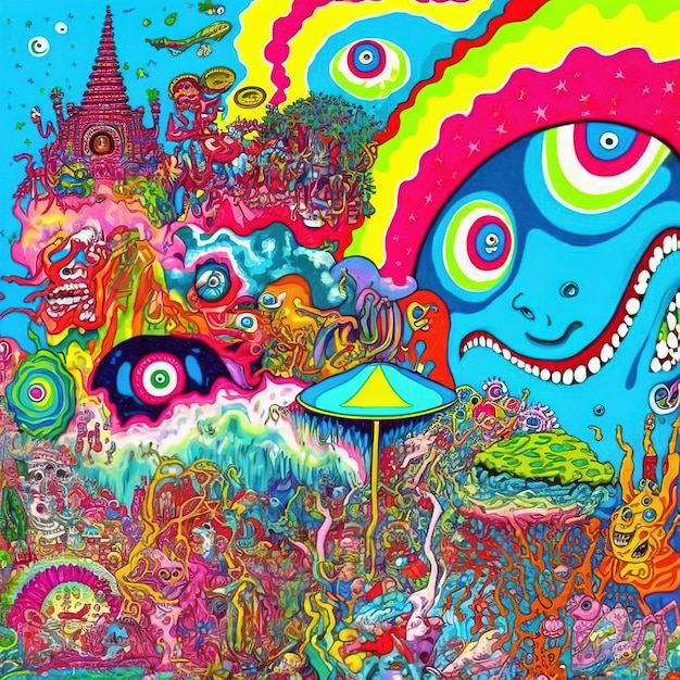 abstract psychedelic neon cartoon of dream world background graffiti art generative AI