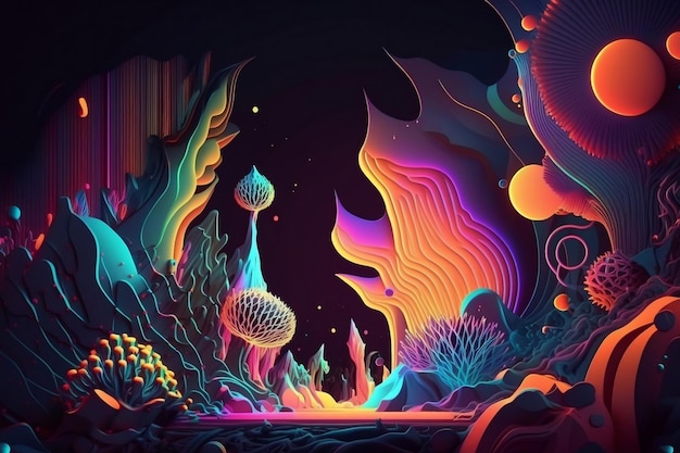 Abstract psychedelic neon dream world background AI