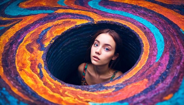 Photo abstract psychedelic painting with a girl in a difficult mental state