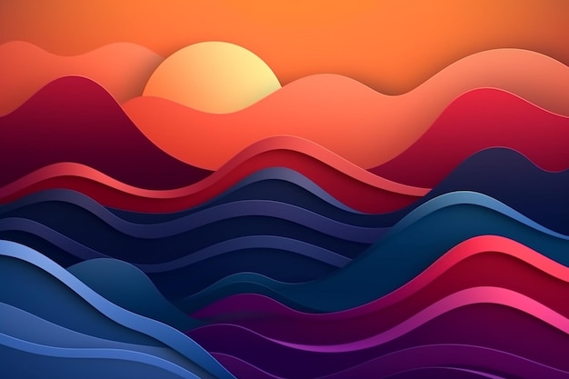 Abstract Psychedelic paper shapes background with 3D waves and sun